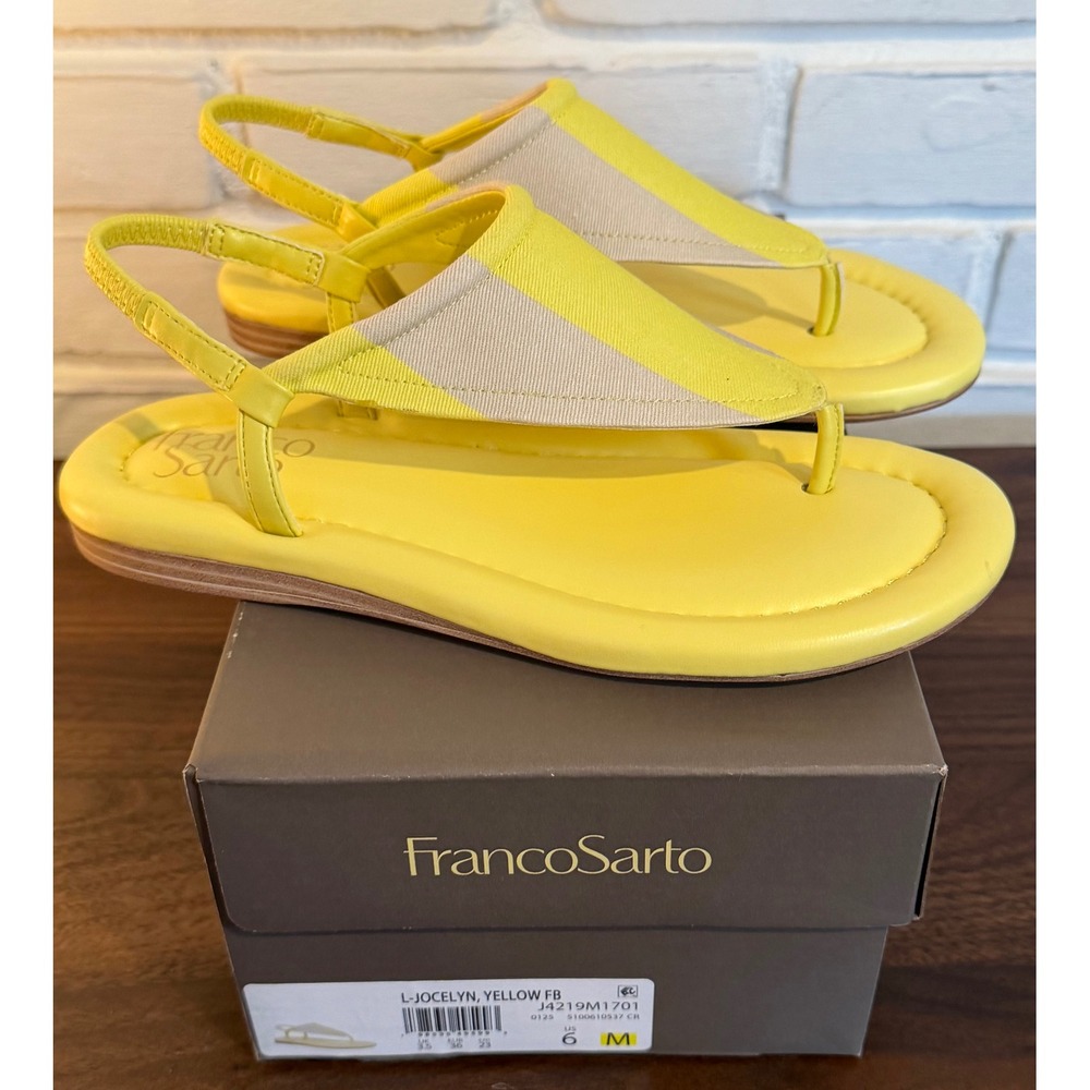 Franco Sarto Jocelyn Yellow Beige Striped Slingback Thong Flat Sandals 6M NEW